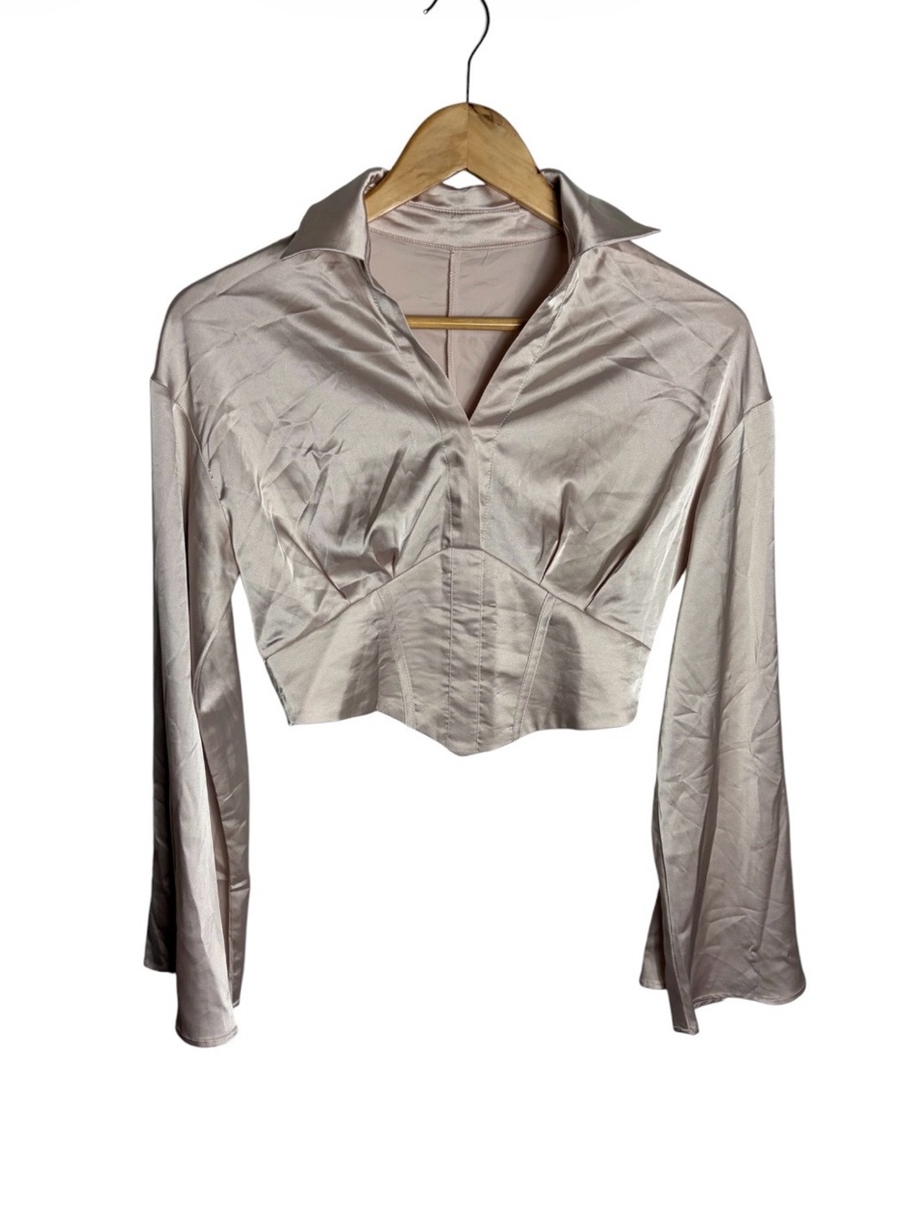NWT Cider cream satin collared v neck cropped bell sleeve blouse geisha size S